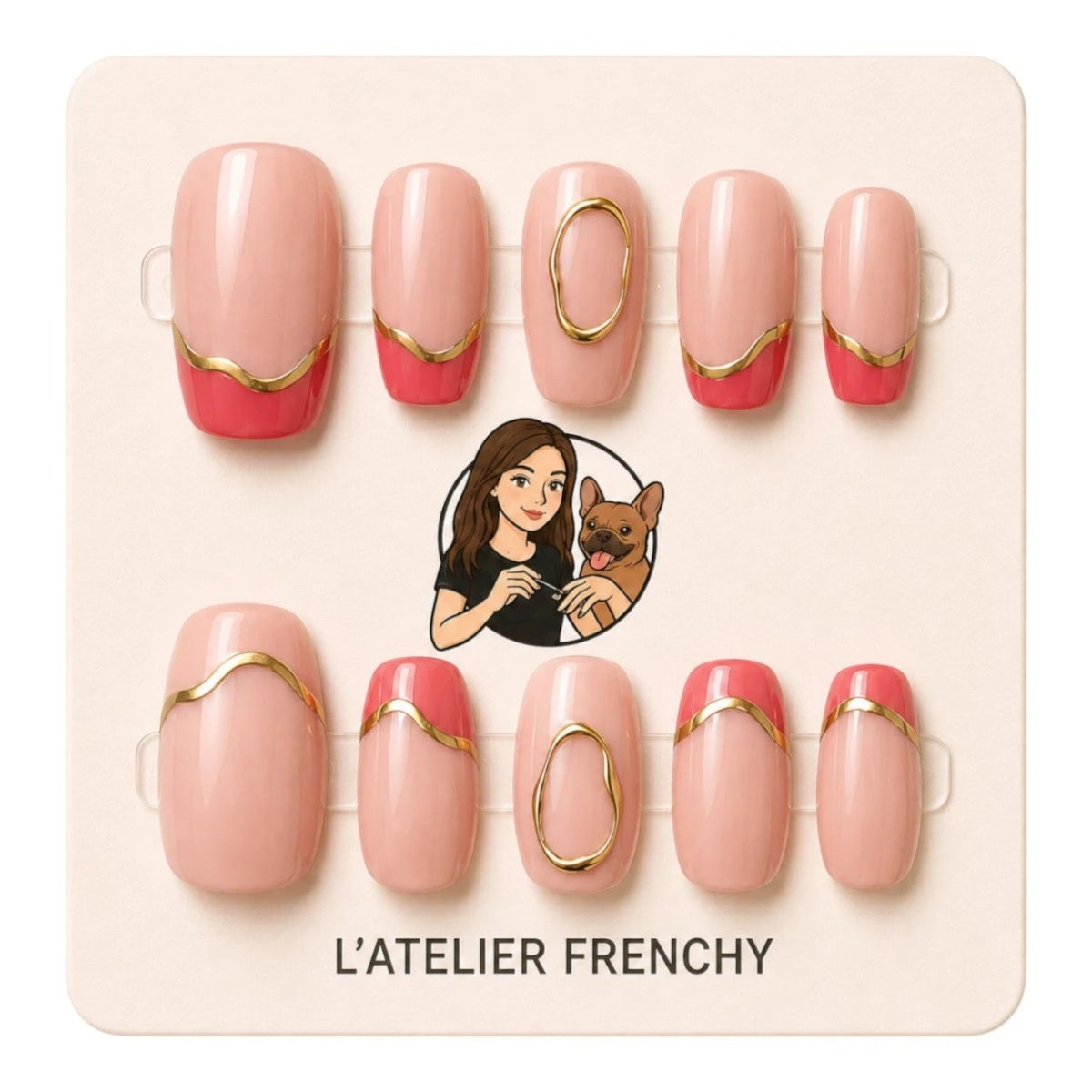 L'ATELIER FRENCHY Golden Coral press-on nails with nude pink, bright coral, and elegant gold wavy line details.