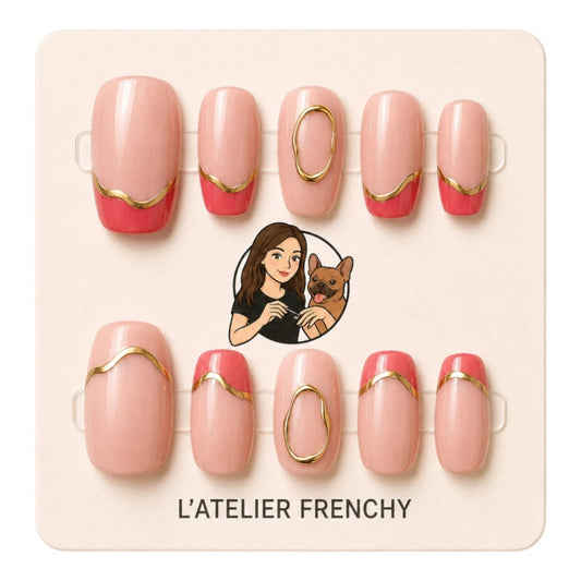 L'ATELIER FRENCHY Golden Coral press-on nails with nude pink, bright coral, and elegant gold wavy line details.