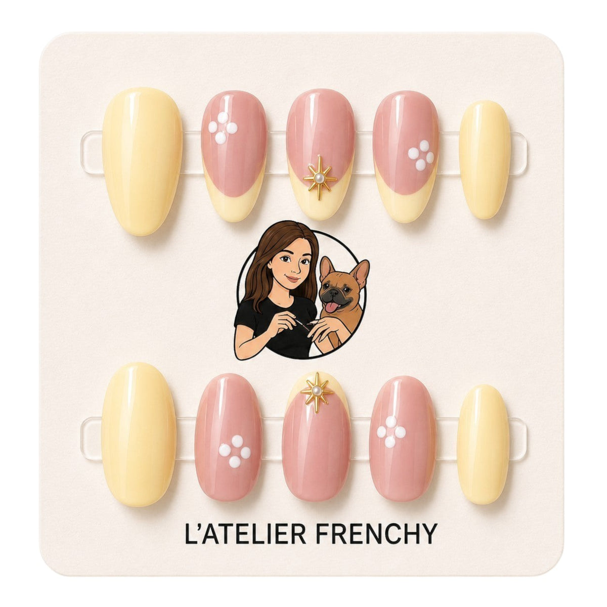 L'ATELIER FRENCHY Sunshine Blossom short almond press-on nails in pastel yellow and pink with floral and gold accents.